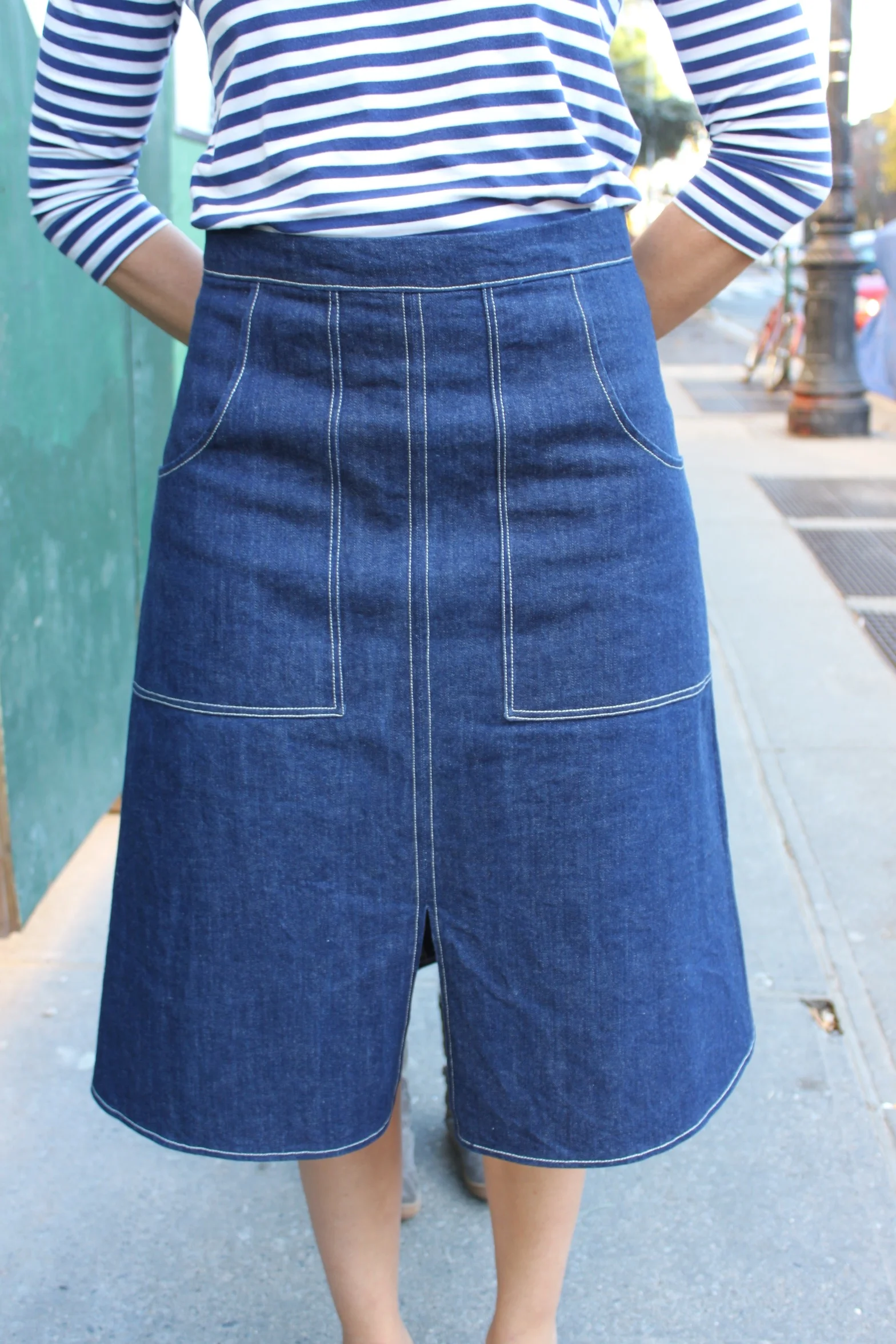 Knee length a line denim skirt sales